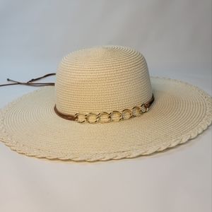 Natural Straw Hat With Chain Detail, and Tassles, Braided Brim, EUC